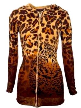 Vintage Raw Leopard Print zip up Hoodie cardigan Sz small